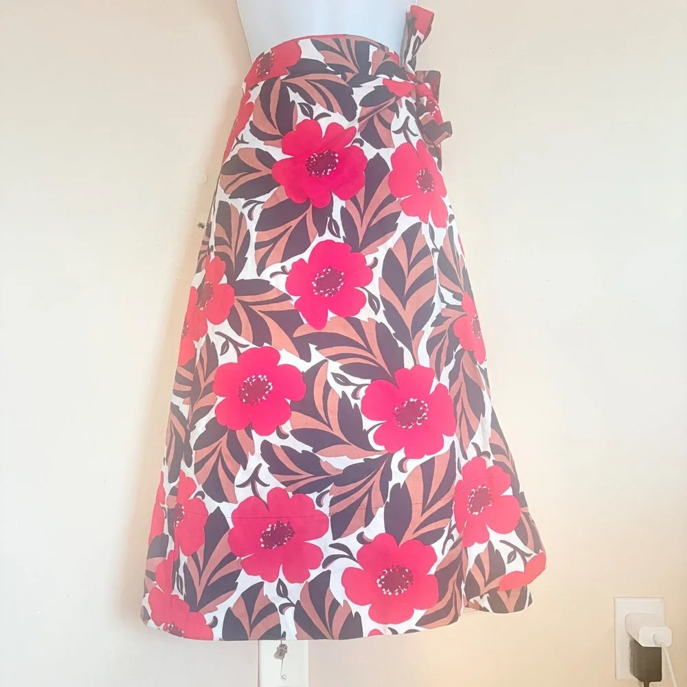 Kate Spade New York Red Floral Midi Wrap‎ Tie Skirt Poppy Fields Print A-Line 2